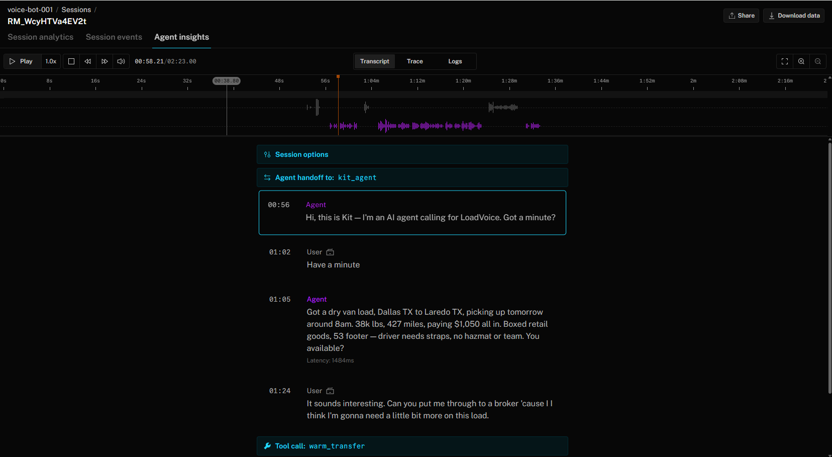 LiveKit session showing Kit making a real outbound carrier call with warm_transfer